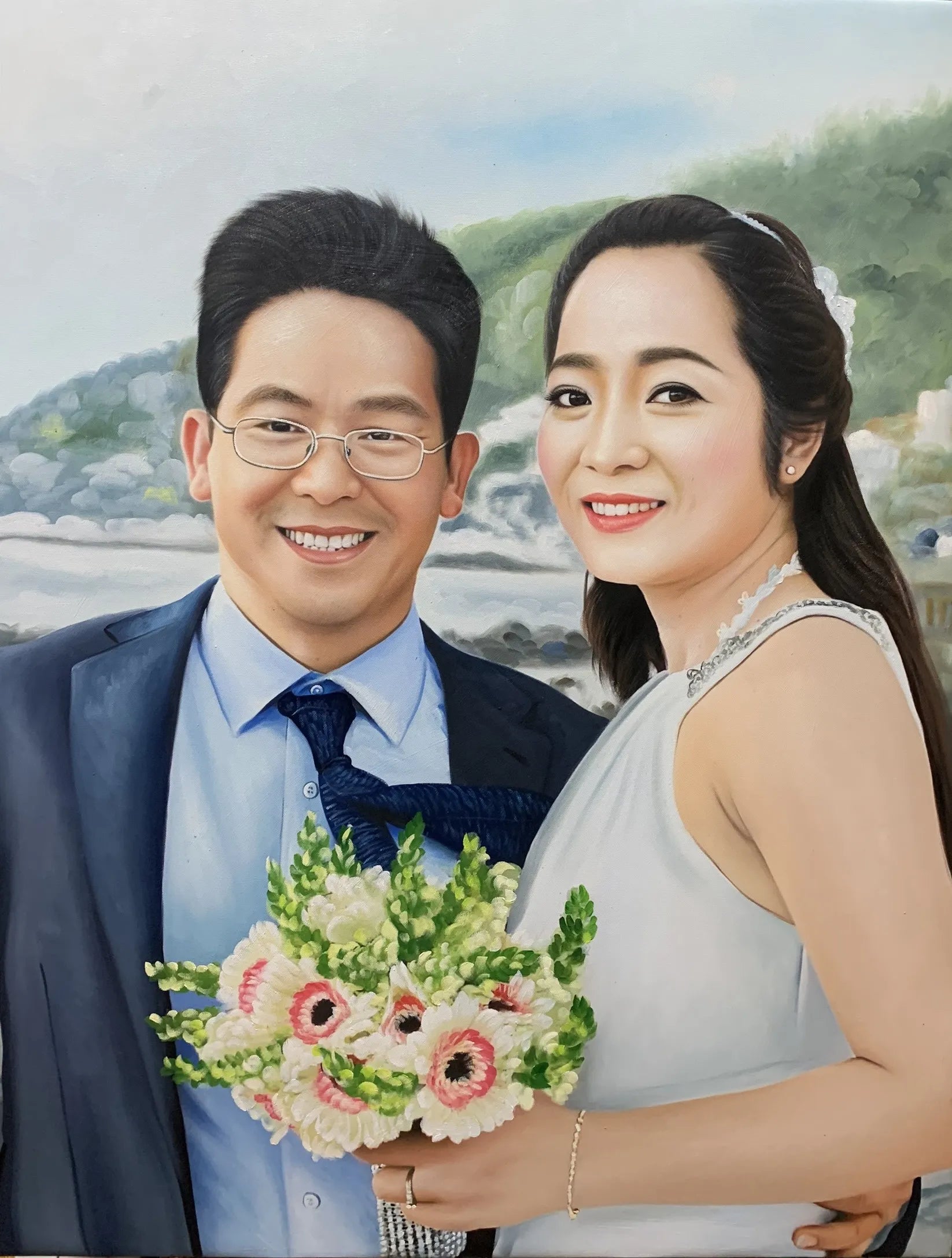 Custom Realistic Wedding Portrait Oil Painting